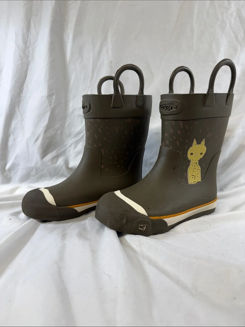 Keen Kids Brown Rain Boots with Yellow Cat Accent